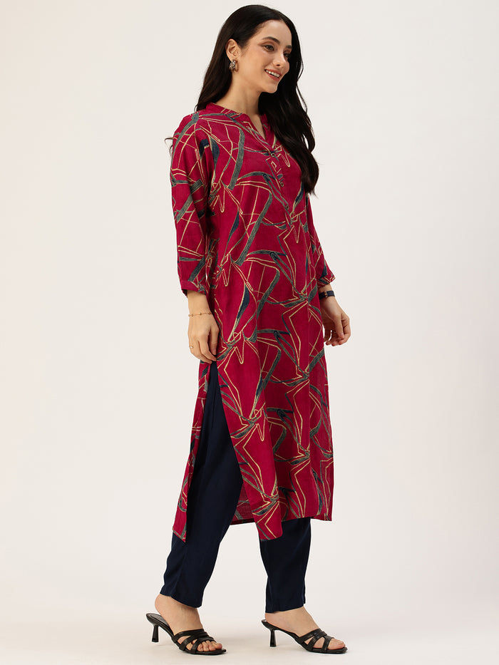 Fuchsia Abstract Printed Kurta, Floral Print, Mandarin Collar kurta, printed kurta