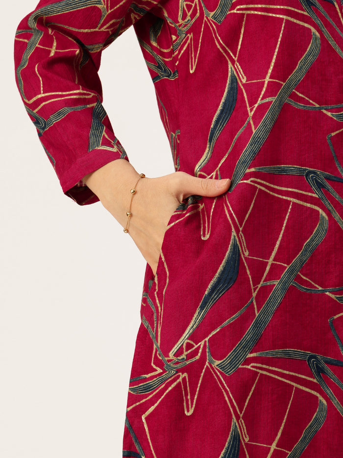 Fuchsia Abstract Printed Kurta, Floral Print, Mandarin Collar kurta, printed kurta