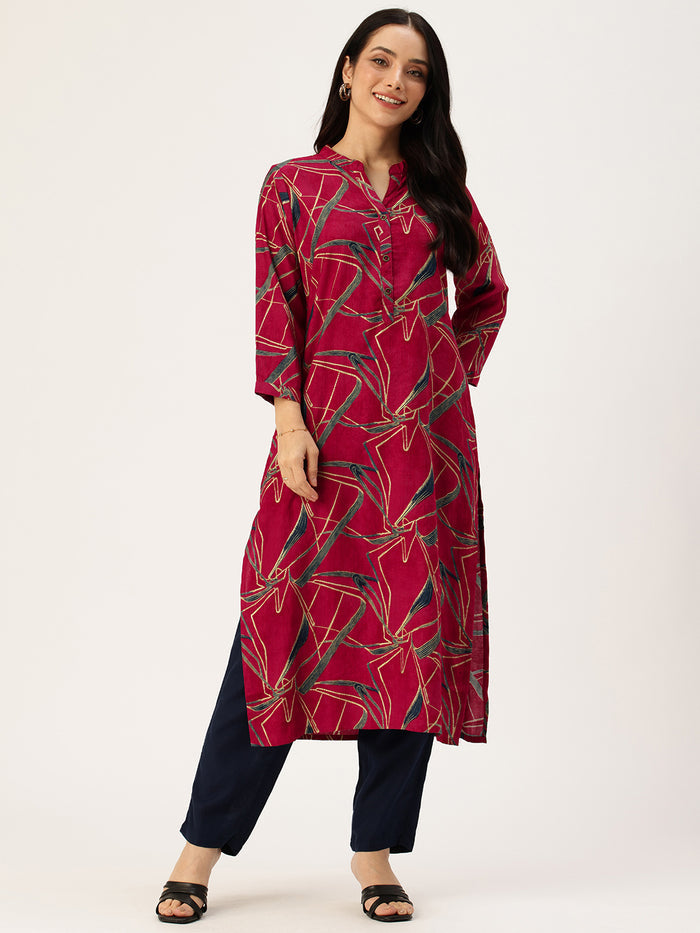 Fuchsia Abstract Printed Kurta, Floral Print, Mandarin Collar kurta, printed kurta
