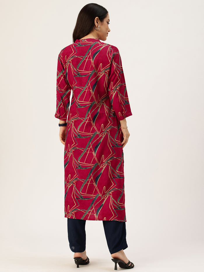 Fuchsia Abstract Printed Kurta, Floral Print, Mandarin Collar kurta, printed kurta