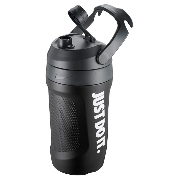 Nike Fuel Jug 64oz black water bottle with a wide chug opening and durable design for hydration during workouts.