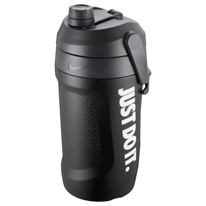 Black Nike Fuel Jug 64oz water bottle featuring a durable design and secure lid, ideal for sports and hydration.
