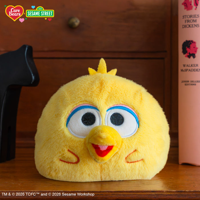 Funshine Bear & Big Bird 4" Reversible Plushie sitting on a bookshelf