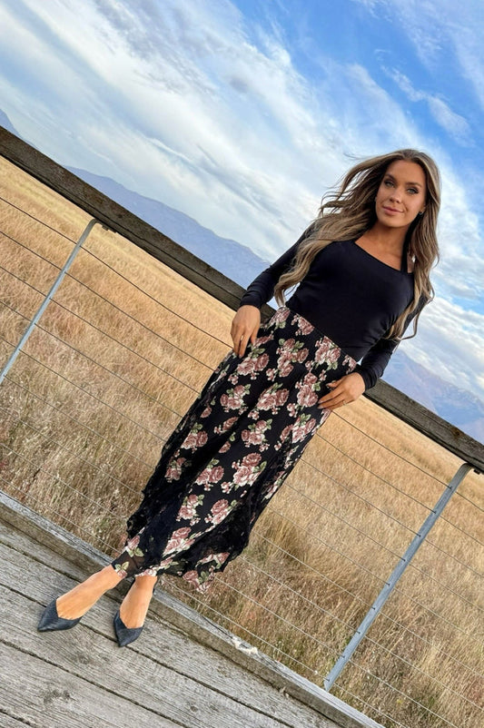 floral maxi skirt with lace texture detailing