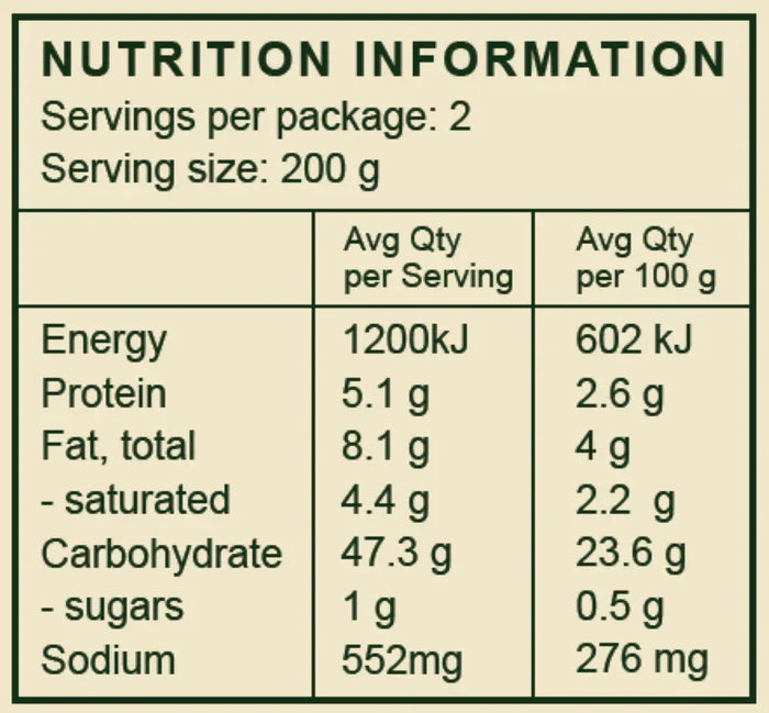 Nutrition label showing energy, protein, fat, carbs, sugars, and sodium per 200g serving for organic ready meal