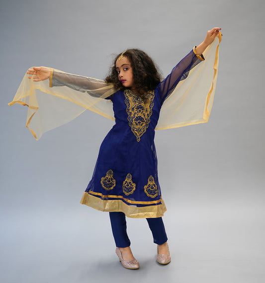 Georgette Silk Indigo Blue Embroidered Girl's Salwar Suit