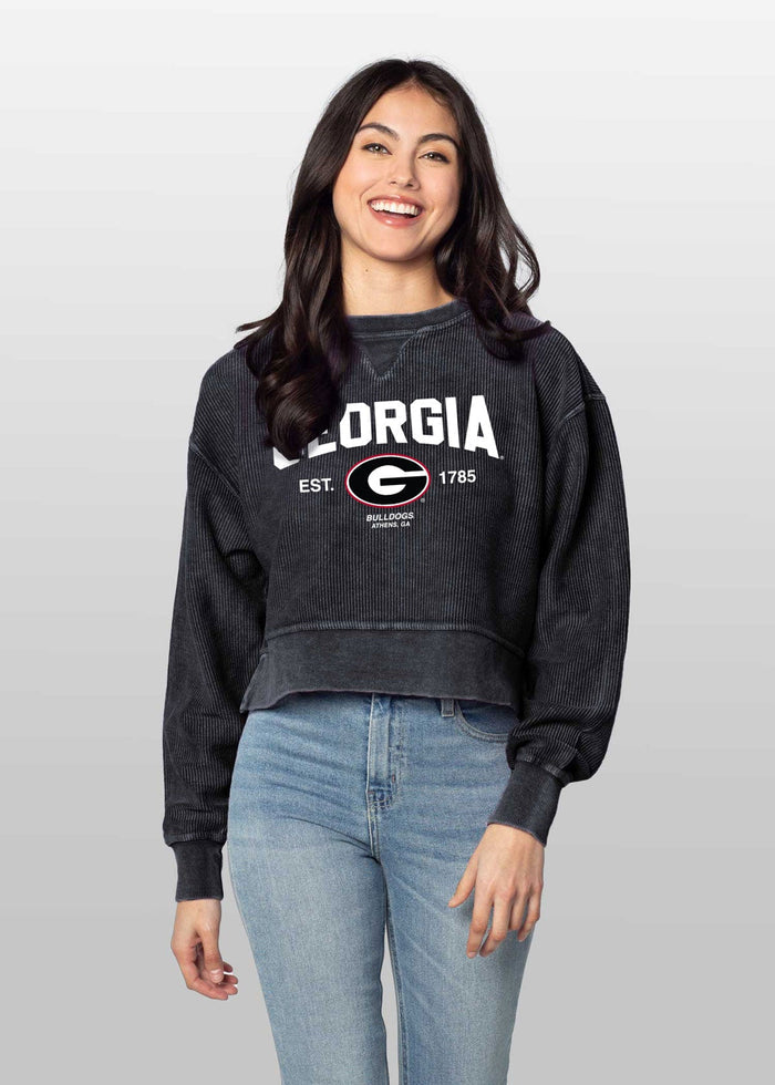 Georgia Bulldogs Women's Black Relaxed Premium cotton corded fleece Sweatshirt with Super soft hand feel, vintage wash, side slits and ribbed crew neckline, cuffs, and hemline