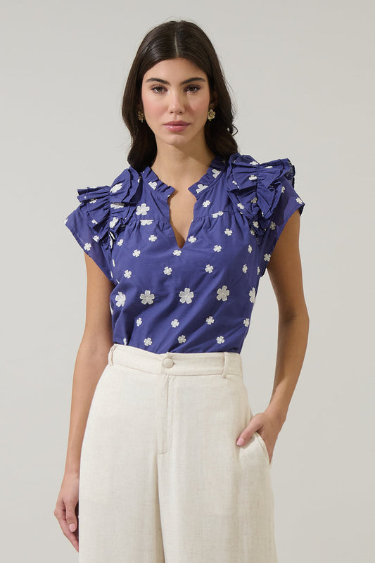 Gilla Embroidered Ramona Ruffle Split Neck Top
