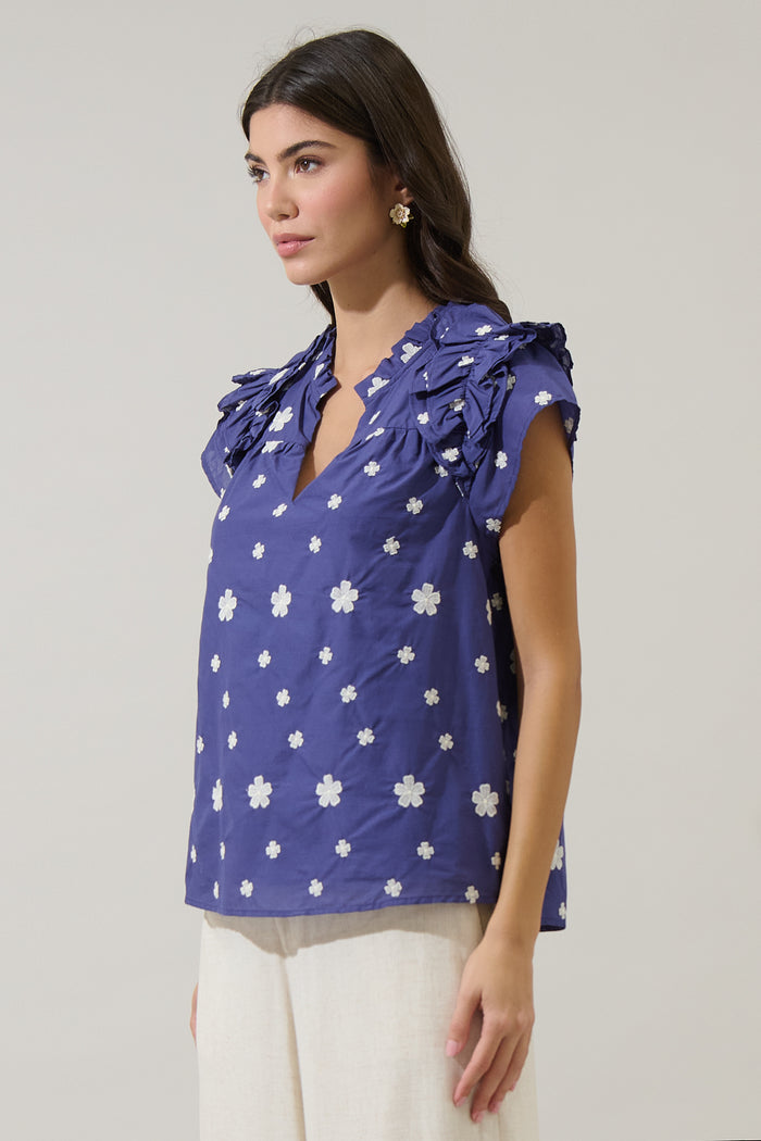 Gilla Embroidered Ramona Ruffle Split Neck Top