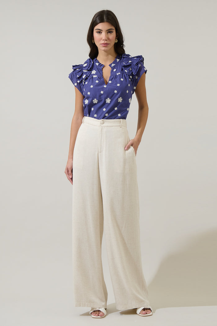 Gilla Embroidered Ramona Ruffle Split Neck Top