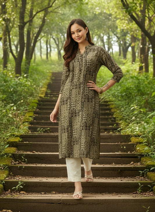 Green Abstract Printed Kurta, Mandarin Collar kurta, printed kurta, Straight Kurta, Abstract Print