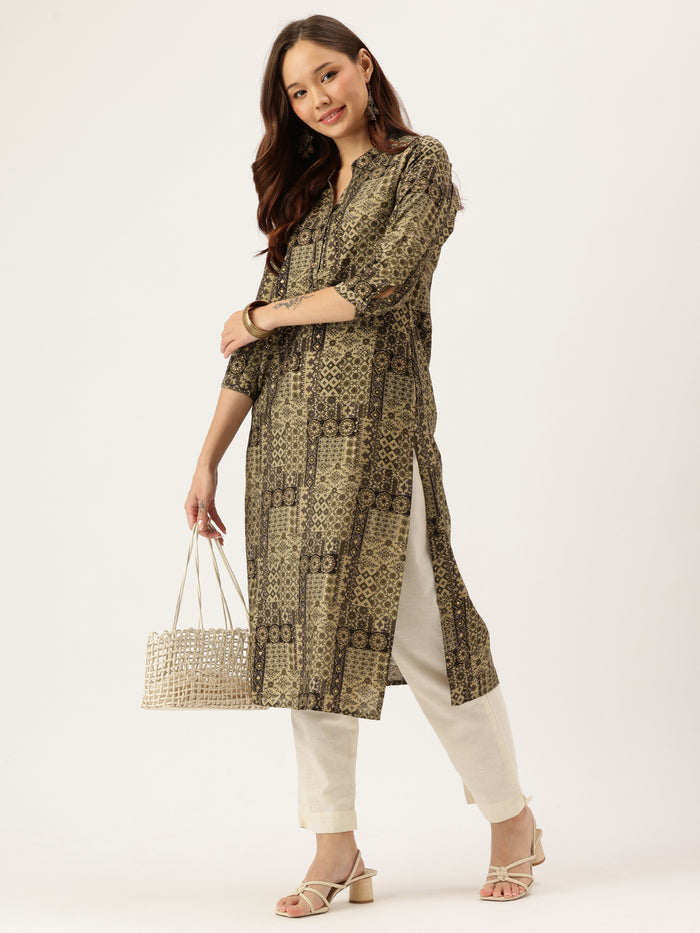 Green Abstract Printed Kurta, Mandarin Collar kurta, printed kurta, Straight Kurta, Abstract Print