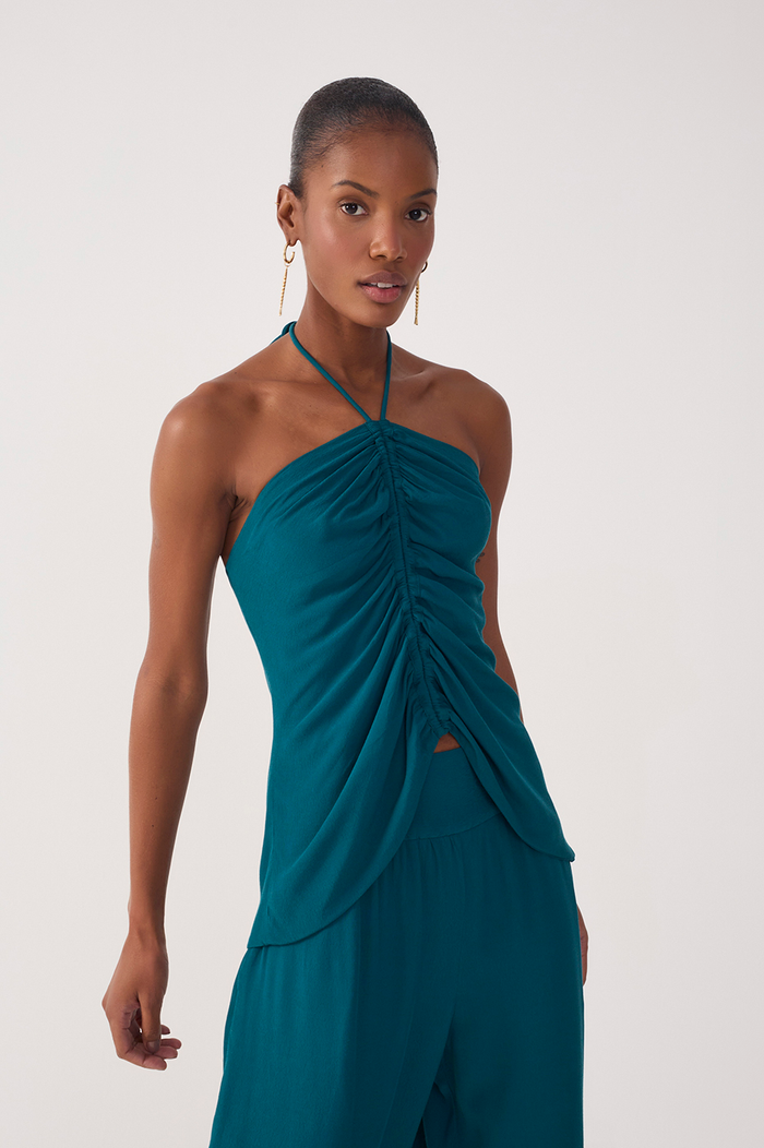 Green Halter Neck Ruched Crepe Blouse_2