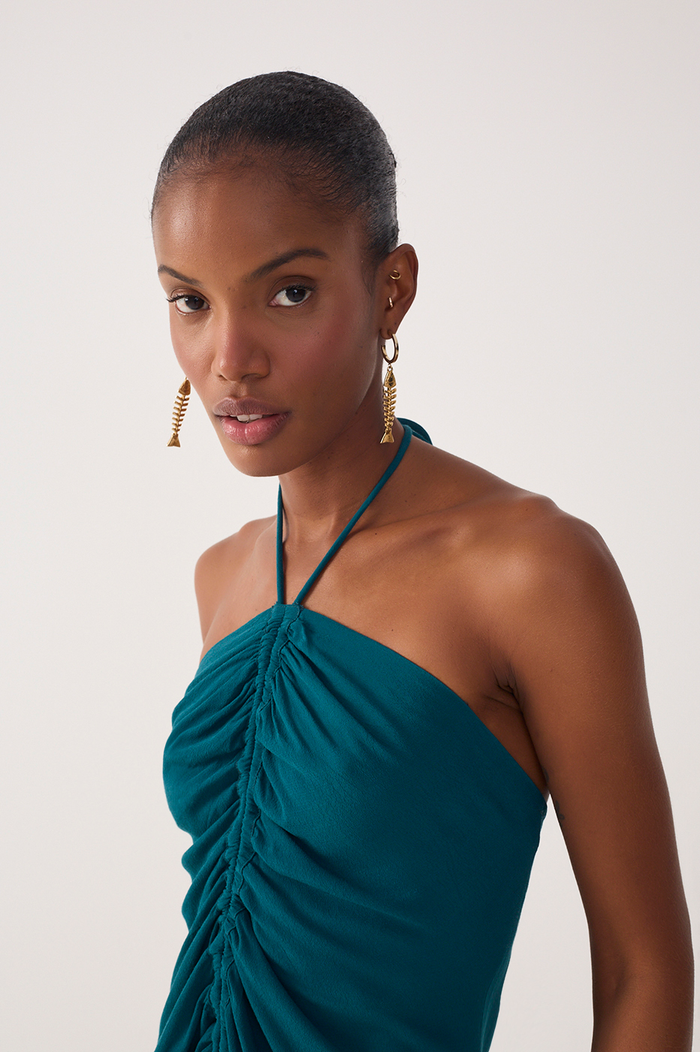 Green Halter Neck Ruched Crepe Blouse_3