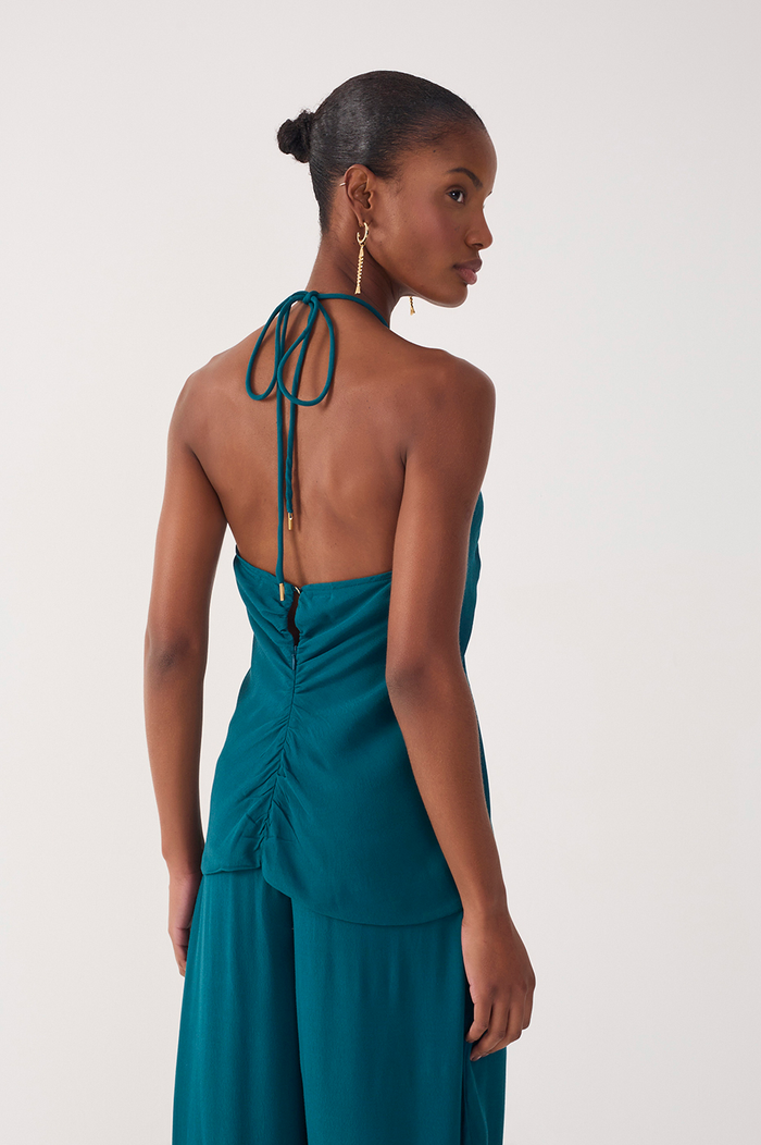 Green Halter Neck Ruched Crepe Blouse_5