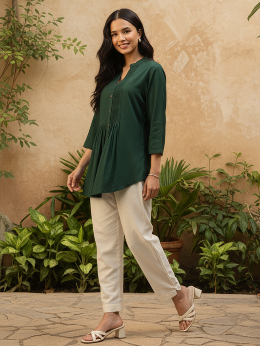Green Mandarin Collar Tucks Detail Tunic