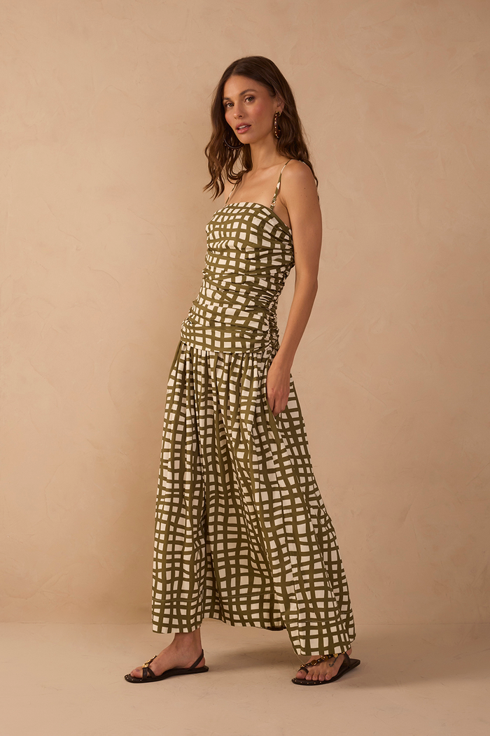 Green Ruched Removable Straps Maxi Dress_1