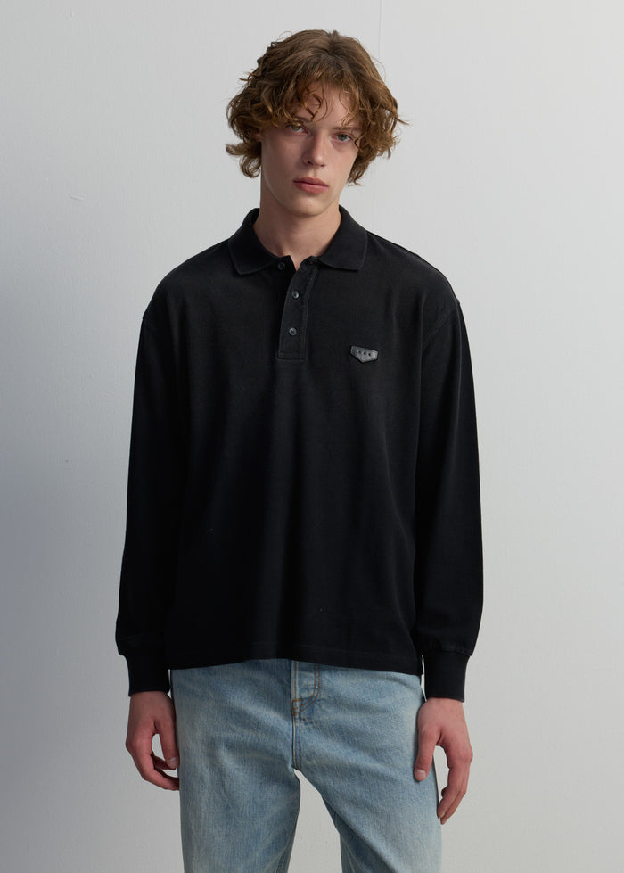 GREY WASHED LONG SLEEVE POLO