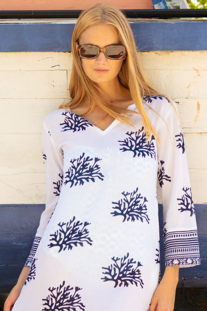 Guadalupe Maxi Organic Cotton Tunic | White/Navy - Aspiga