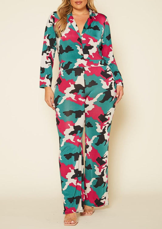 Hi Curvy Plus Size Camo Collared Jumpsuit