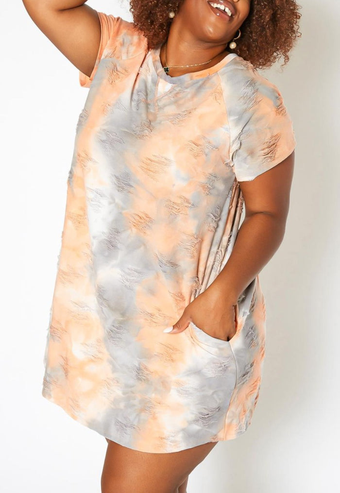 Hi Curvy Plus Size Women Distressed Tie Dye Mini Dress with Pockets