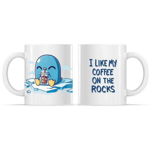 Ceramic Mug_TeeTurtle I Like My Coffee on the Rocks white mug featuring a penguin drinking coffee on an iceberg.