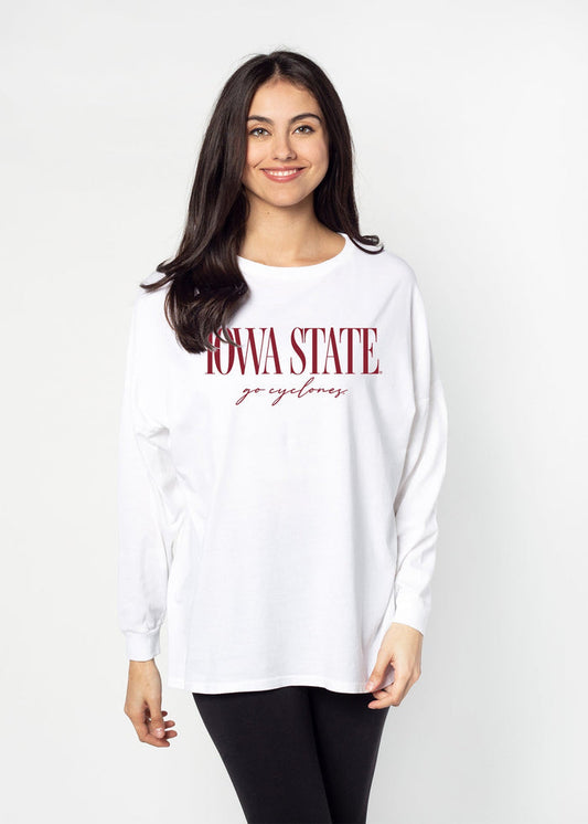 Iowa State Cyclones Unisex White Oversized, slouchy Mineral wash T-Shirt with Extreme dropped shoulders, oversized sleeves and lived-in look and feel