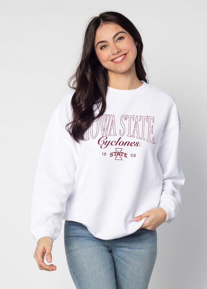 Iowa State Cyclones Unisex White Oversized Premium cotton corded fleece Sweatshirt with Super soft hand feel, vintage wash and ribbed crew neckline, cuffs, and hemline