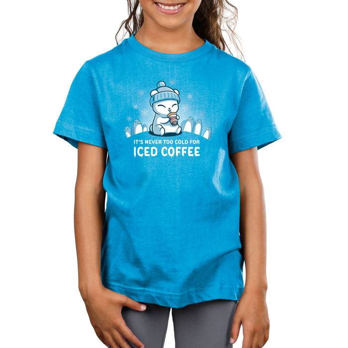 Premium Cotton T-shirt_TeeTurtle cobalt blue It's Never Too Cold for Iced Coffee apparel featuring a polar bear drinking iced coffee surrounded by penguins while it's snowing.