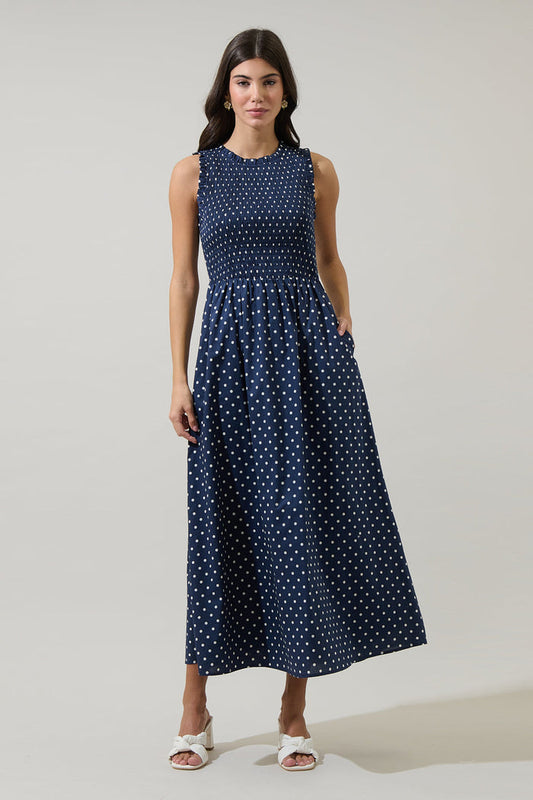 Ivany Polka Dot Cecil Smocked Midi Dress