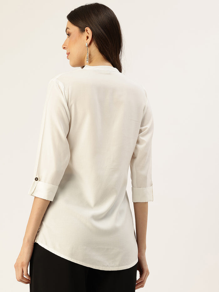 Ivory Mandarin Collar Tunic, mandarin collar Tunic, casual wear Tunic, women’s tunic, Office Wear Tunic