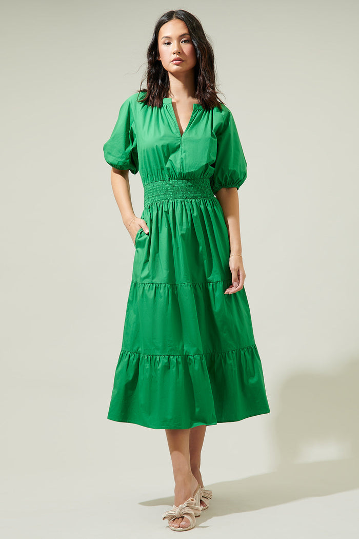 Jamila Poplin Puff Sleeve MIdi Dress