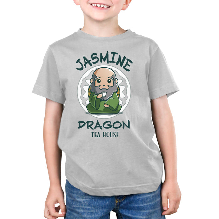 Premium Cotton T-shirt_TeeTurtle silver gray Jasmine Dragon Tea House apparel featuring Iroh holding a teacup.