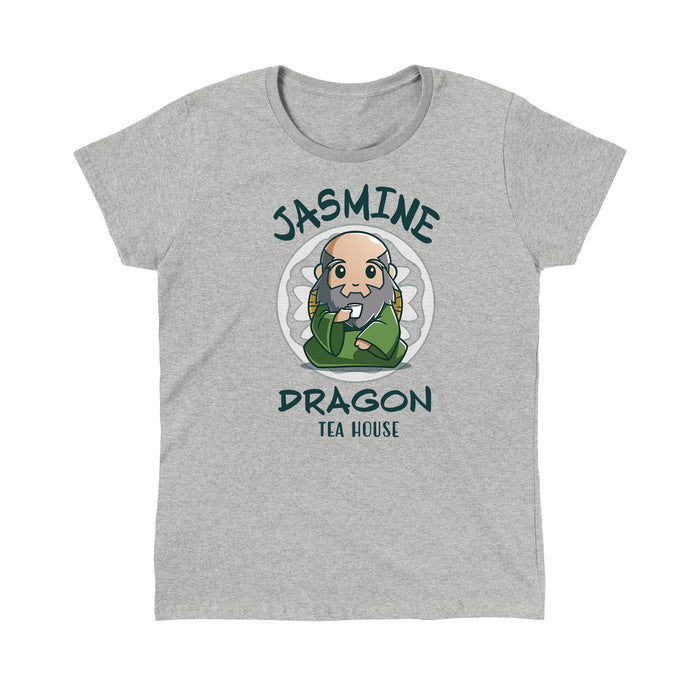 Classic Cotton T-shirt_TeeTurtle heather gray Jasmine Dragon Tea House apparel featuring Iroh holding a teacup.