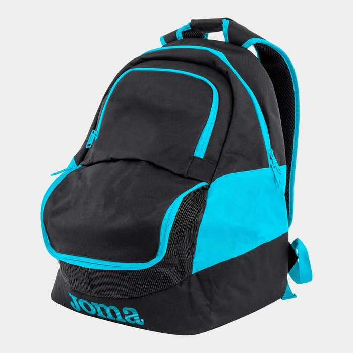Joma Diamond II backpack in black with fluo turquoise accents, featuring multiple compartments and adjustable straps.