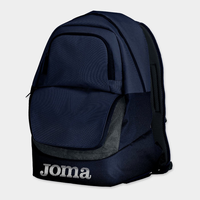 Navy Joma Diamond II backpack with multiple compartments, adjustable straps, and Joma branding, designed for school or travel use.