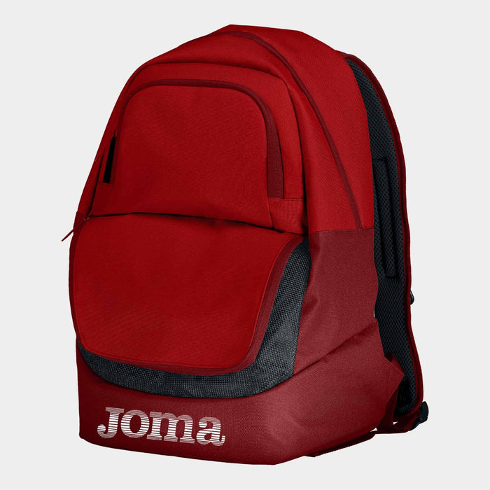 Red Joma Diamond II backpack with multiple compartments and padded shoulder straps, designed for comfortable everyday use.
