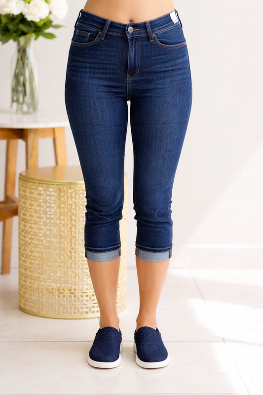 Judy Blue High Waist Dark Denim Capri with Cuff Jeans