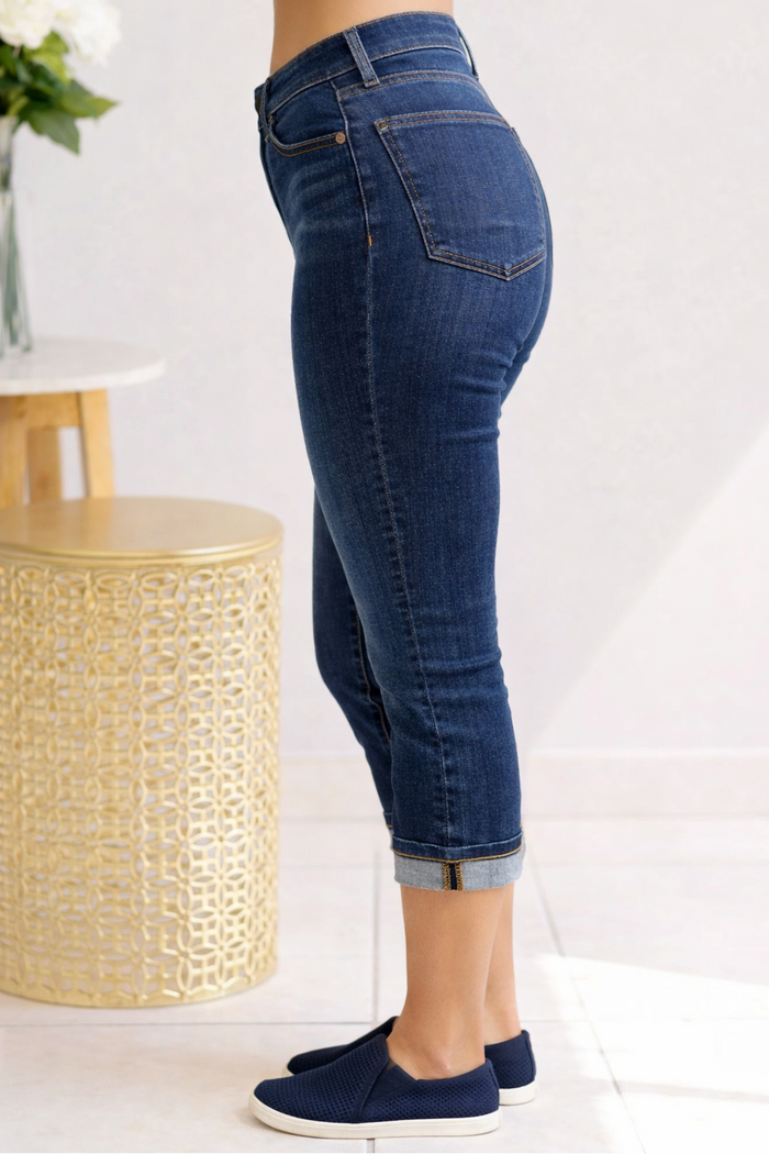Judy Blue High Waist Dark Denim Capri with Cuff Jeans