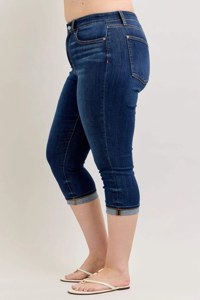 Judy Blue High Waist Dark Denim Capri with Cuff Jeans