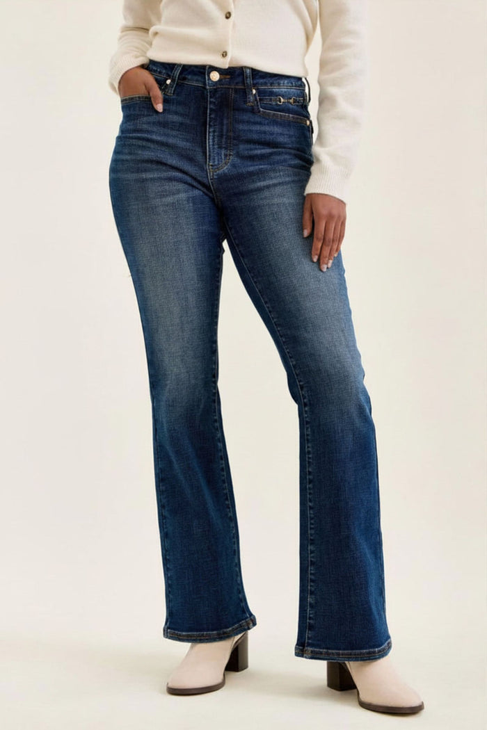 Judy Blue Mid Rise Daisy Harness Trim Bootcut Jeans - Dark Sunset Ride