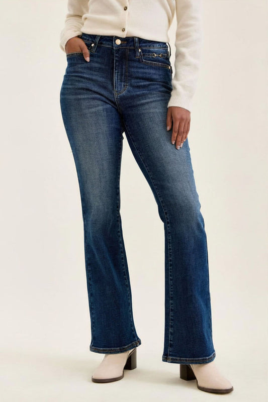 Judy Blue Mid Rise Daisy Harness Trim Bootcut Jeans - Dark Sunset Ride