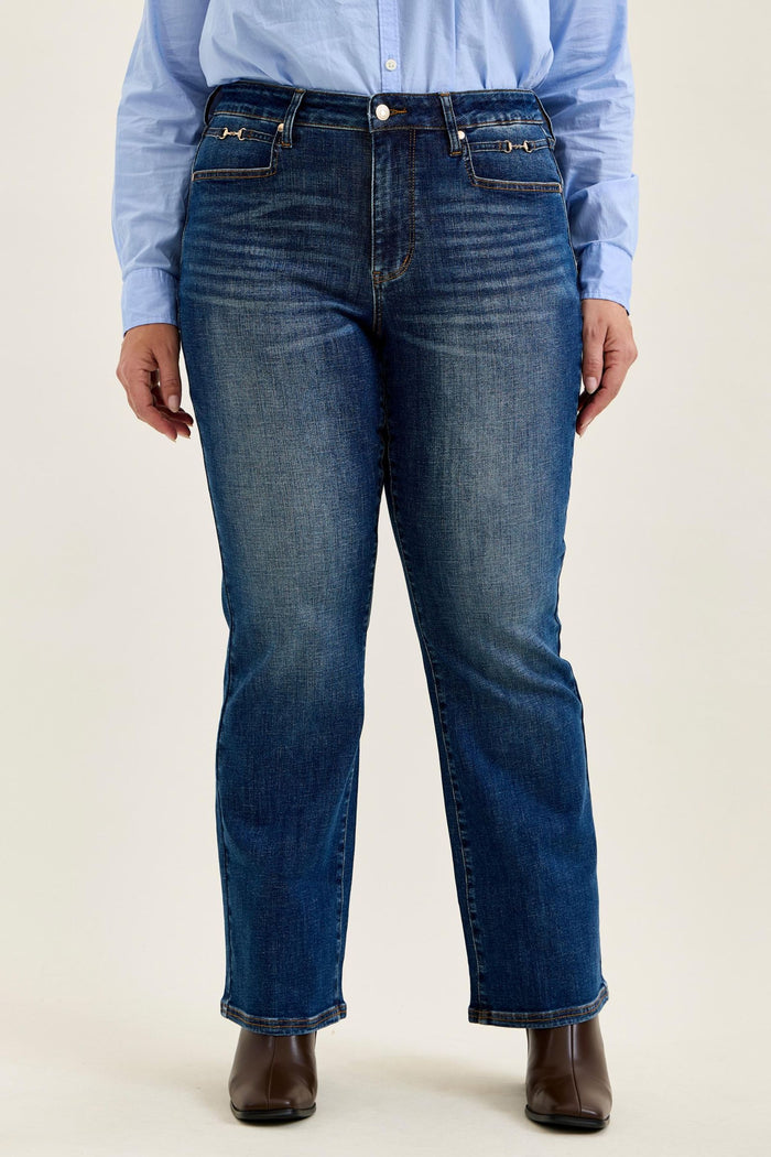 Judy Blue Mid Rise Daisy Harness Trim Bootcut Jeans - Dark Sunset Ride