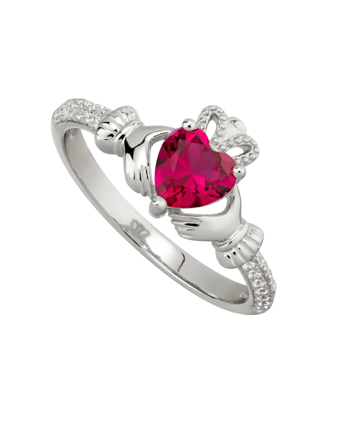 July Birthstone Ruby Sterling Silver Claddagh Ring