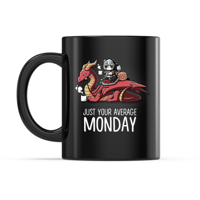 Ceramic Mug_TeeTurtle Just Your Average Monday black mug featuring a a warrior panda holding a cup of coffee riding on top of a dragon that’s also holding a cup of coffee, with the caption, “Just Your Average Monday“.
