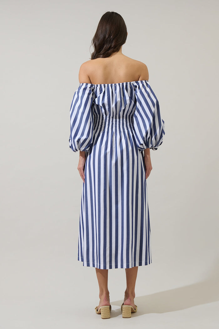 Juvie Stripe Off Shoulder Button Midi Dress