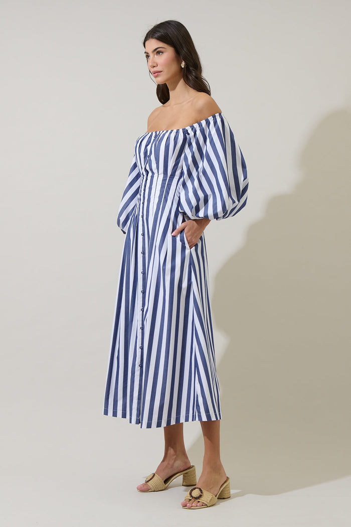Juvie Stripe Off Shoulder Button Midi Dress