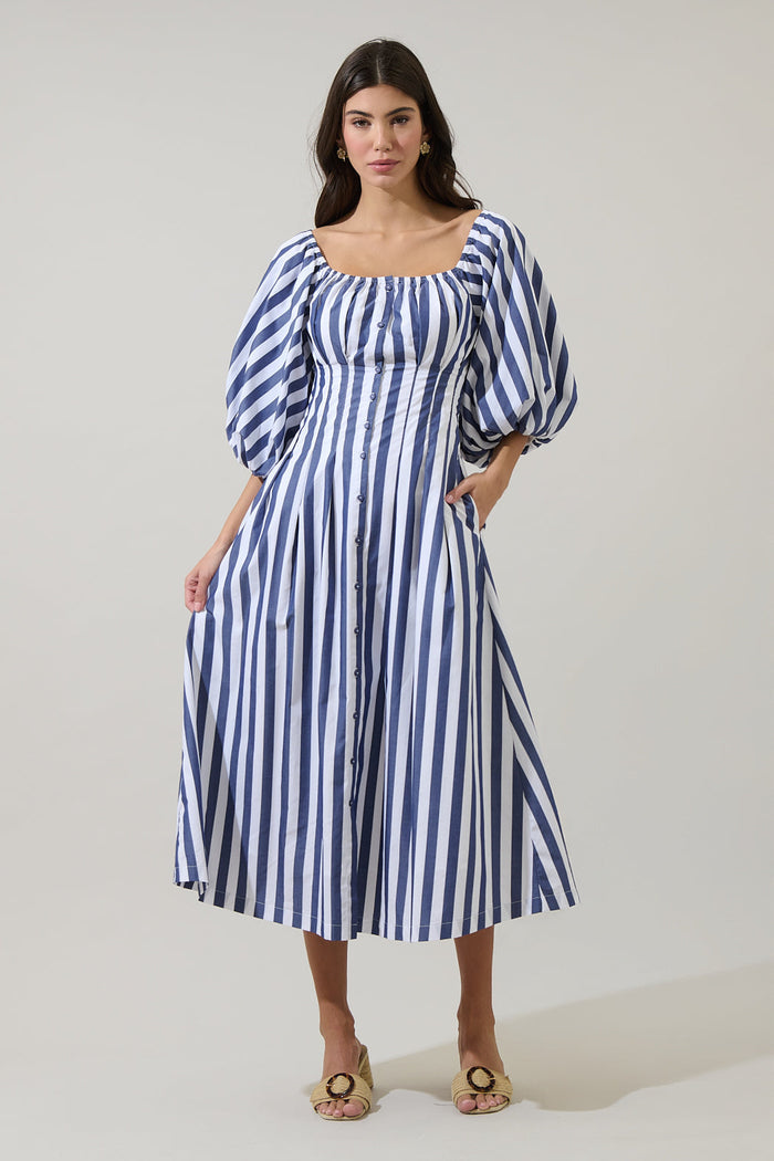 Juvie Stripe Off Shoulder Button Midi Dress