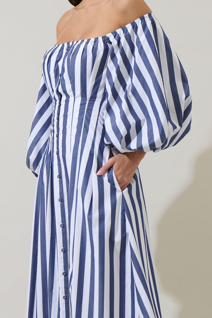 Juvie Stripe Off Shoulder Button Midi Dress