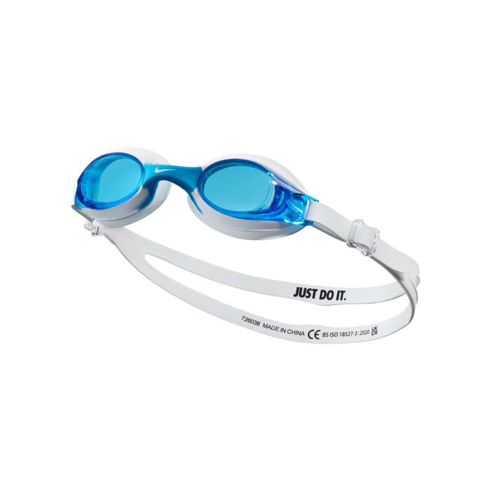 Nike Kids Lil Swoosh Goggle in white with adjustable strap and clear lens, designed for young swimmers.